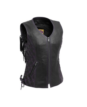 Women's Bandida Fringe Motorcycle Vest - Purple Stitching