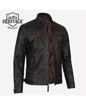 Brown Cafe Racer Jacket | Quilted Shoulders