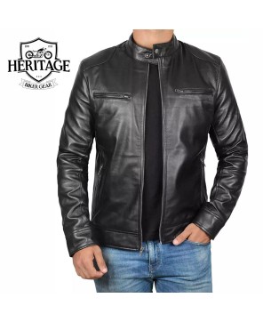 Men's Black Lambskin Leather Cafe Racer Jacket - Premium Biker Style