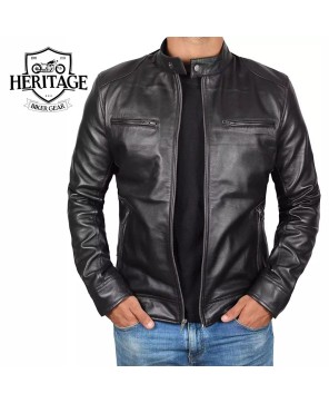 Men's Black Lambskin Leather Cafe Racer Jacket - Premium Biker Style