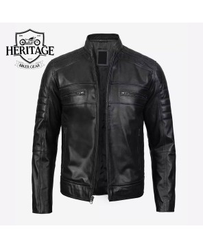 Classic Black Leather Cafe Racer Jacket - Men's Stylish Essential