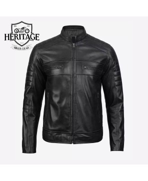 Classic Black Leather Cafe Racer Jacket - Men's Stylish Essential