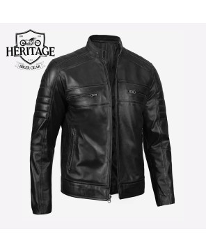 Classic Black Leather Cafe Racer Jacket - Men's Stylish Essential