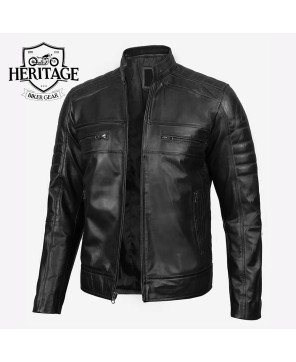 Classic Black Leather Cafe Racer Jacket - Men's Stylish Essential