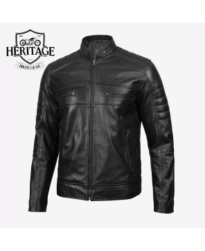 Classic Black Leather Cafe Racer Jacket - Men's Stylish Essential