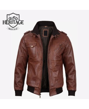 Brown Leather Bomber Jacket with Removable Hood