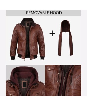 Brown Leather Bomber Jacket with Removable Hood