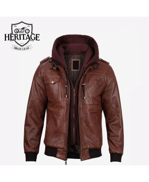 Brown Leather Bomber Jacket with Removable Hood