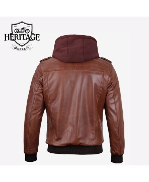 Brown Leather Bomber Jacket with Removable Hood