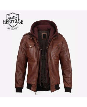 Brown Leather Bomber Jacket with Removable Hood