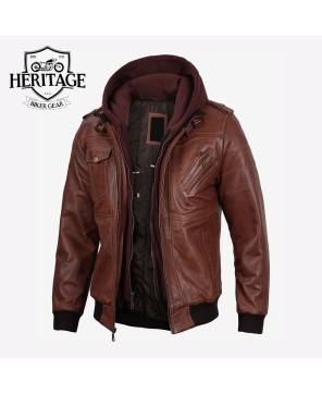 Brown Leather Bomber Jacket with Removable Hood