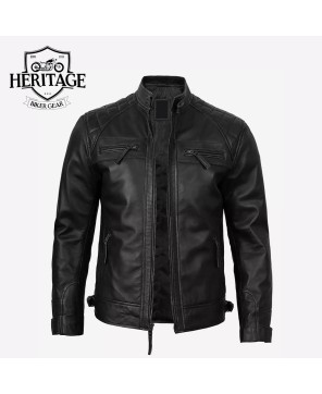 Quilted Shoulder Black Leather Cafe Racer Jacket