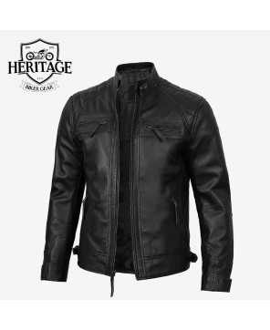 Quilted Shoulder Black Leather Cafe Racer Jacket