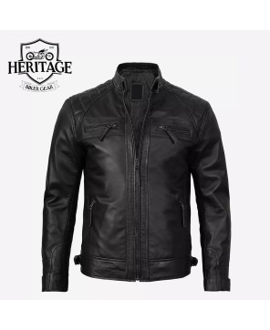 Quilted Shoulder Black Leather Cafe Racer Jacket