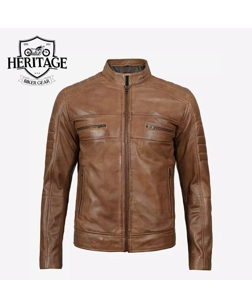 Men's Cafe Racer Camel Leather Jacket - Timeless Style