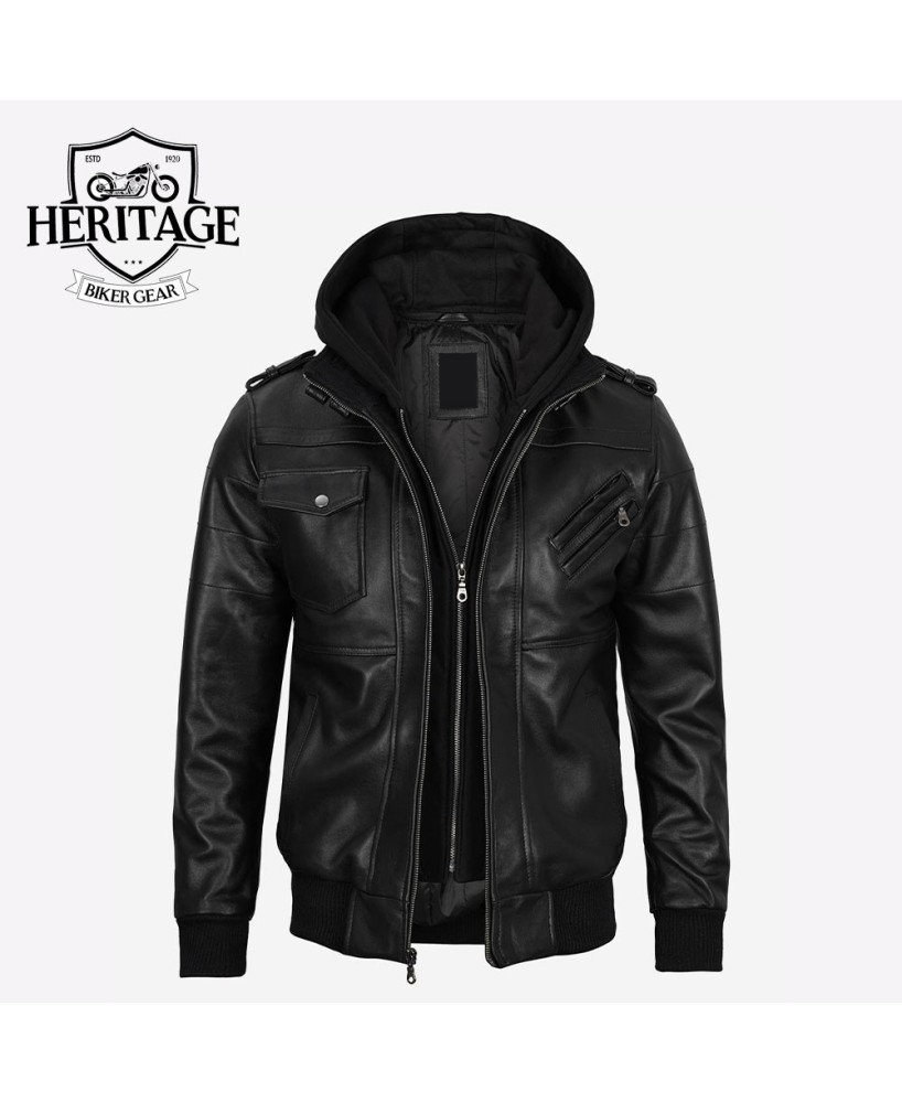 Black Leather Bomber Jacket with Removable Hood