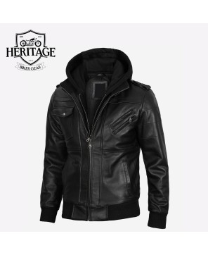 Black Leather Bomber Jacket with Removable Hood