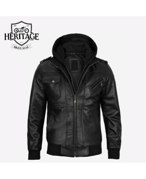 Black Leather Bomber Jacket with Removable Hood