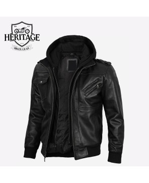 Black Leather Bomber Jacket with Removable Hood