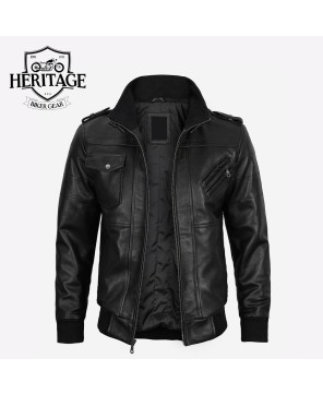 Black Leather Bomber Jacket with Removable Hood