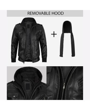 Black Leather Bomber Jacket with Removable Hood