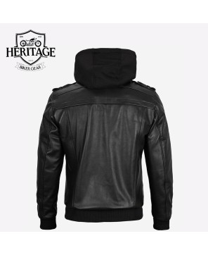 Black Leather Bomber Jacket with Removable Hood