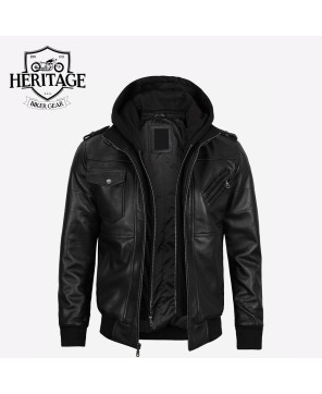 Black Leather Bomber Jacket with Removable Hood