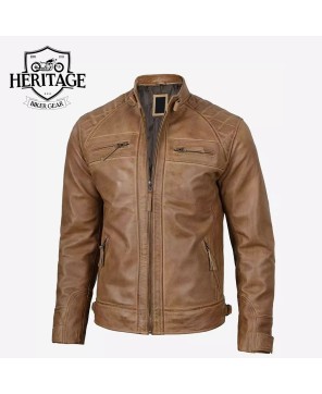 Quilted Camel Brown Cafe Racer Leather Jacket