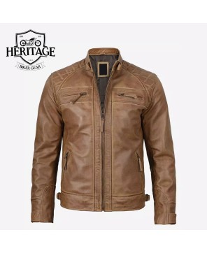 Quilted Camel Brown Cafe Racer Leather Jacket