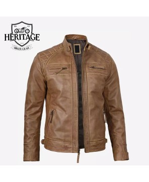 Quilted Camel Brown Cafe Racer Leather Jacket