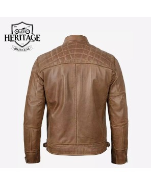 Quilted Camel Brown Cafe Racer Leather Jacket