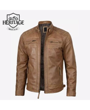 Quilted Camel Brown Cafe Racer Leather Jacket