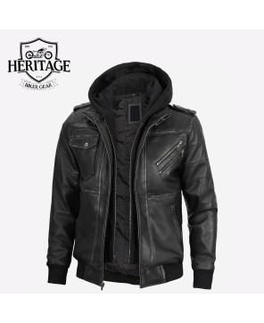 Men's Grey Leather Bomber Jacket with Removable Hood