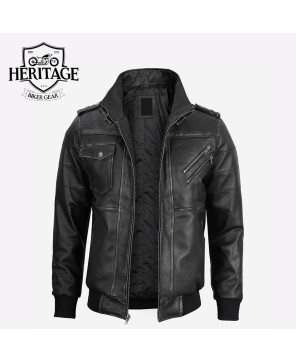 Men's Grey Leather Bomber Jacket with Removable Hood