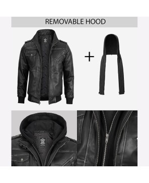 Men's Grey Leather Bomber Jacket with Removable Hood