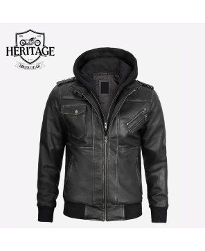 Men's Grey Leather Bomber Jacket with Removable Hood