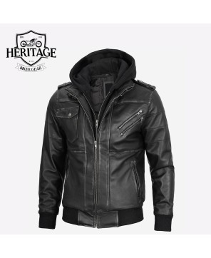 Men's Grey Leather Bomber Jacket with Removable Hood