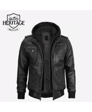 Men's Grey Leather Bomber Jacket with Removable Hood