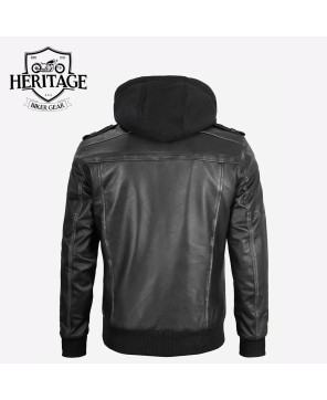 Men's Grey Leather Bomber Jacket with Removable Hood