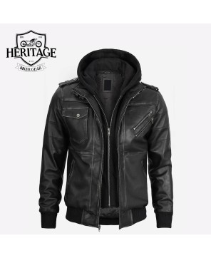 Men's Grey Leather Bomber Jacket with Removable Hood