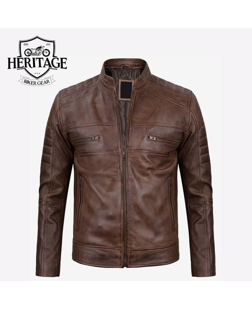 Mens Coffee Brown Biker Leather Jacket - Premium Cafe Racer Style