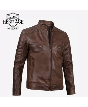 Mens Coffee Brown Biker Leather Jacket - Premium Cafe Racer Style