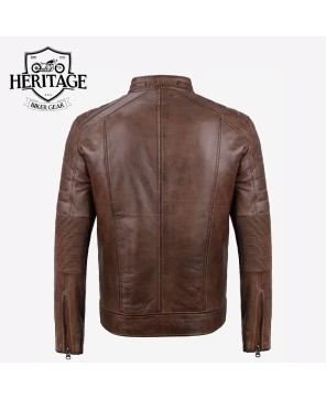 Mens Coffee Brown Biker Leather Jacket - Premium Cafe Racer Style