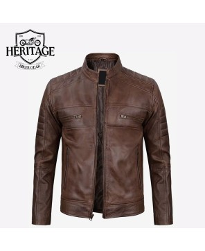 Mens Coffee Brown Biker Leather Jacket - Premium Cafe Racer Style