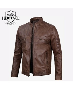 Mens Coffee Brown Biker Leather Jacket - Premium Cafe Racer Style