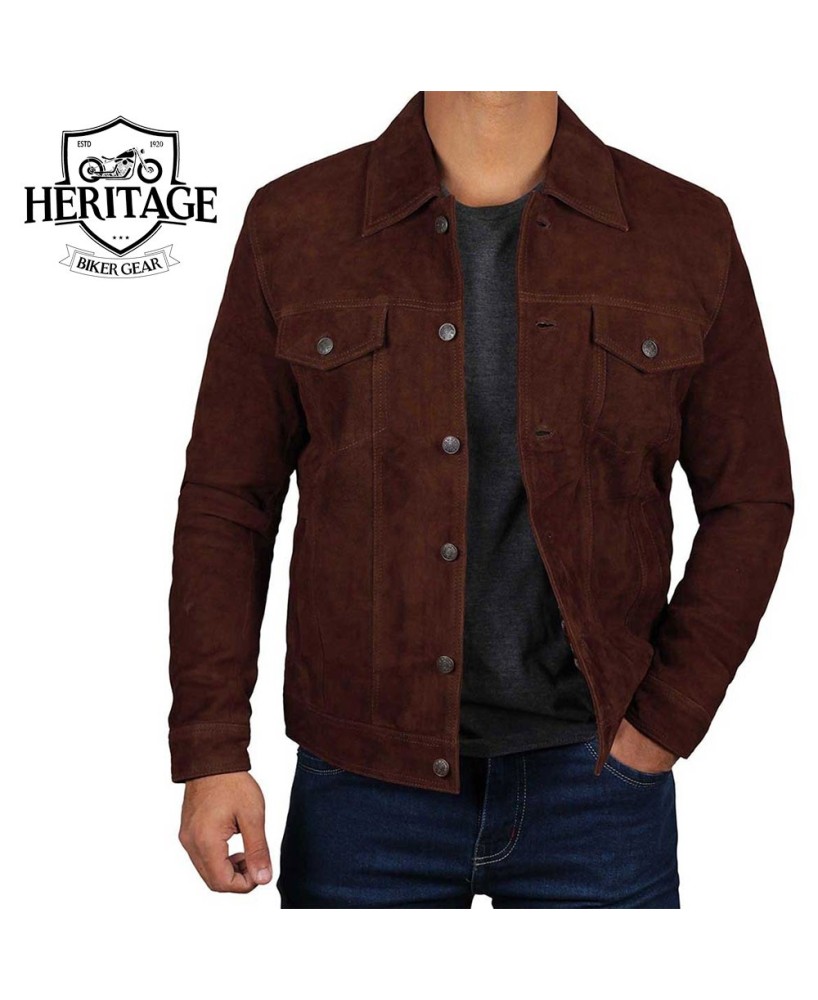 Dark Brown Suede Trucker Jacket for Men