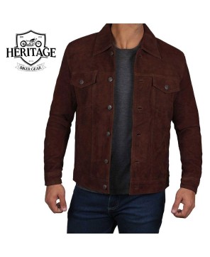 Dark Brown Suede Trucker Jacket for Men