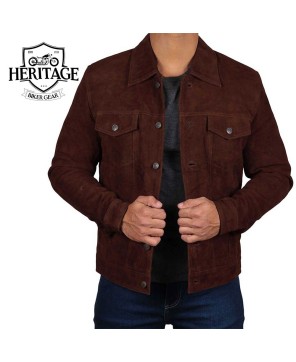 Dark Brown Suede Trucker Jacket for Men