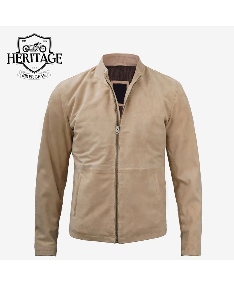 Men's Suede Leather Jacket - Stylish Mandarin Collar