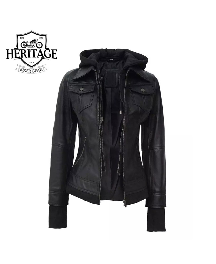 Women's Black Leather Bomber Jacket with Removable Hood